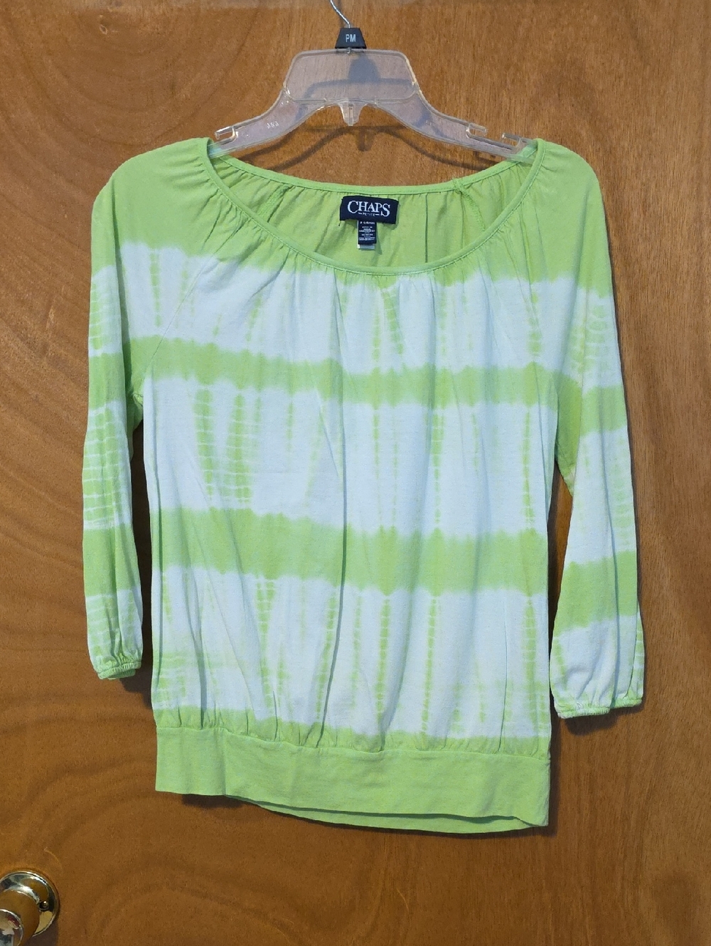 Chaps Lime Green and White Tie-Dye Scoop Neck Long Sleeve Top